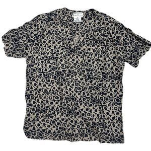 Rena Rowan short‑sleeve top w a beige & black abstract circle pattern🖤🤍Size 10